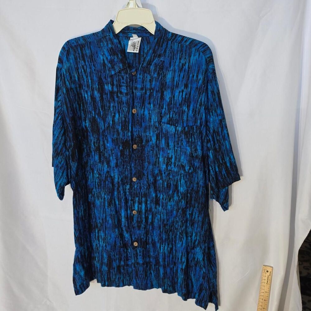 Blue Black Textured Print Short Sleeve Button-Up Camp Shirt Men's XL